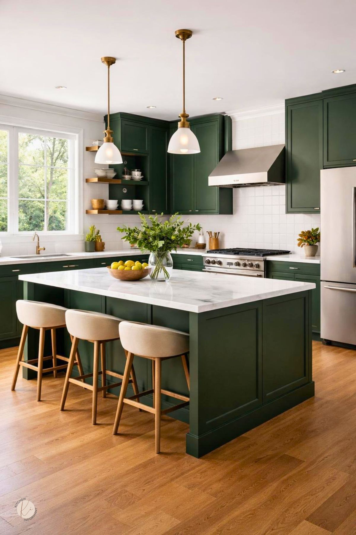 A modern kitchen with deep green cabinets, white marble countertops, a central island, stainless steel appliances, and wooden flooring.