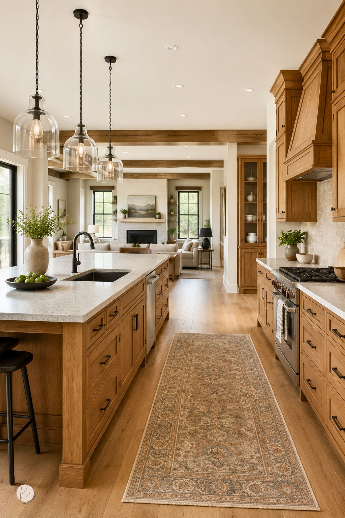 Open kitchen with honey oak cabinets, black hardware, glass pendant lights, white countertops, exposed wood beams, wood flooring, patterned runner rug, and a connected living room with a fireplace.