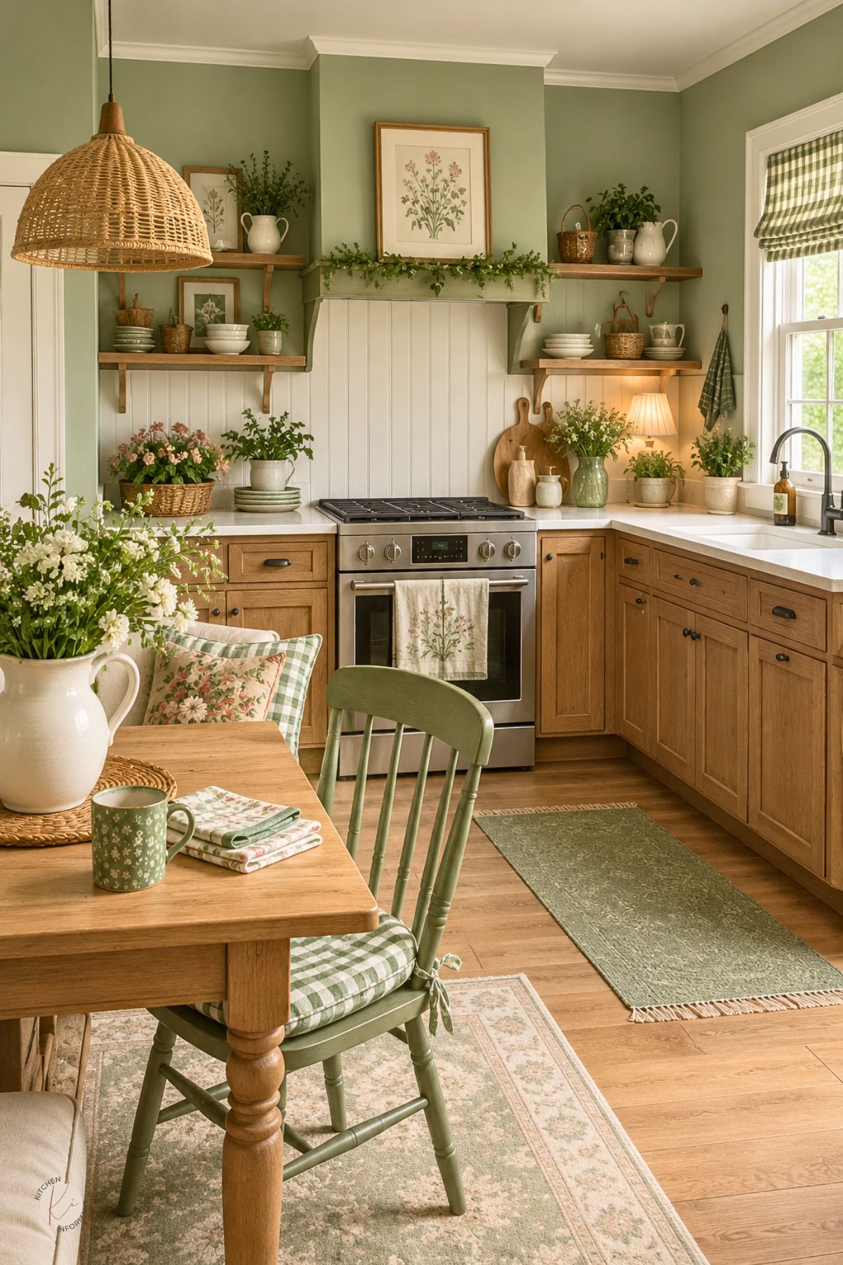 Sage green cottage kitchen with honey oak cabinets, white beadboard backsplash, open wood shelves, wicker pendant light, floral accents, potted herbs, gingham window shade, and a small farmhouse table with a green chair.