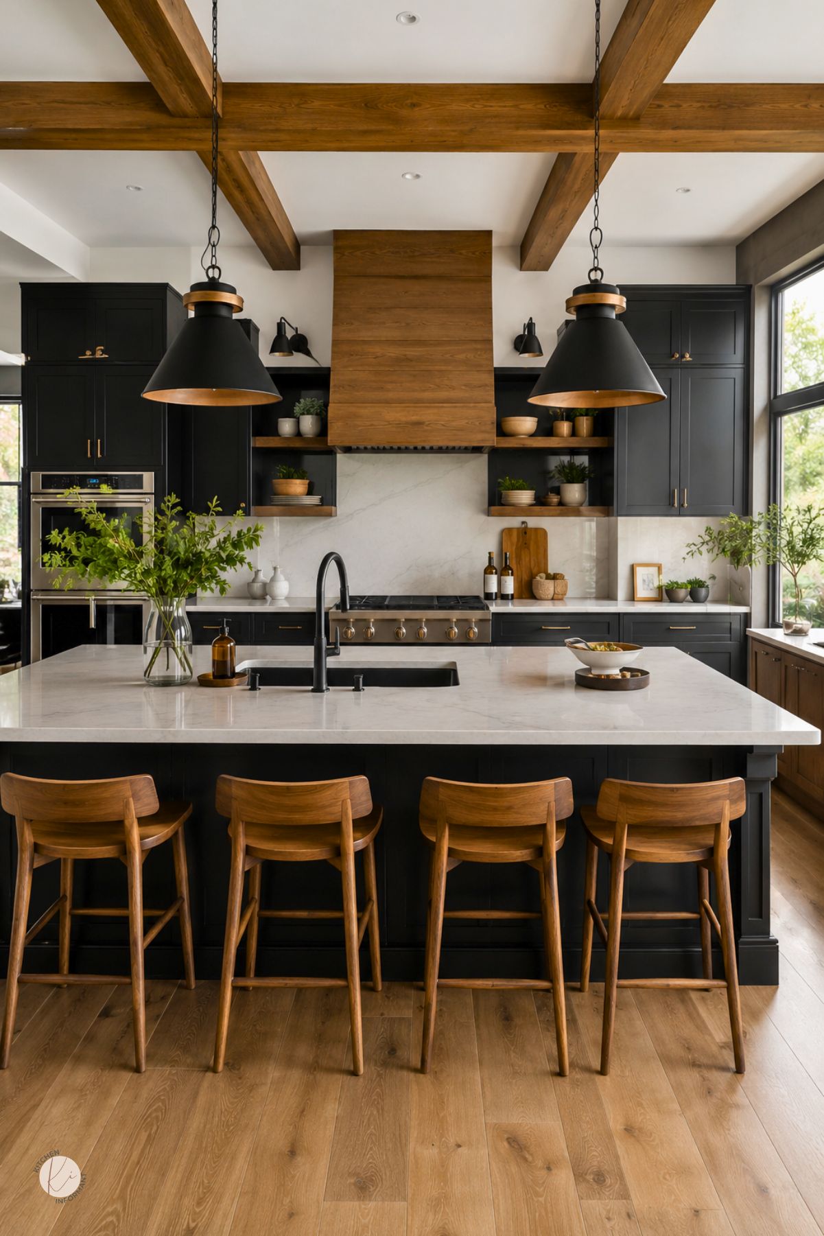 Black modern farmhouse kitchen with warm wood accents, exposed ceiling beams, wood range hood, black cabinets, marble island, large black pendant lights, wooden bar stools, and wide plank wood flooring.