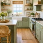 Coastal sage green kitchen with wood floors, white countertops, brass hardware, farmhouse sink, woven shades, rattan counter stool, wood open shelves, greenery, beach artwork, and an ocean view through the window.