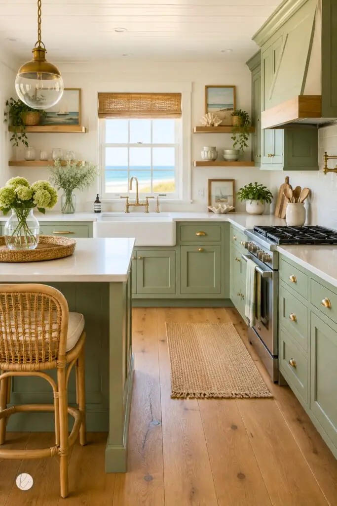 Coastal sage green kitchen with wood floors, white countertops, brass hardware, farmhouse sink, woven shades, rattan counter stool, wood open shelves, greenery, beach artwork, and an ocean view through the window.