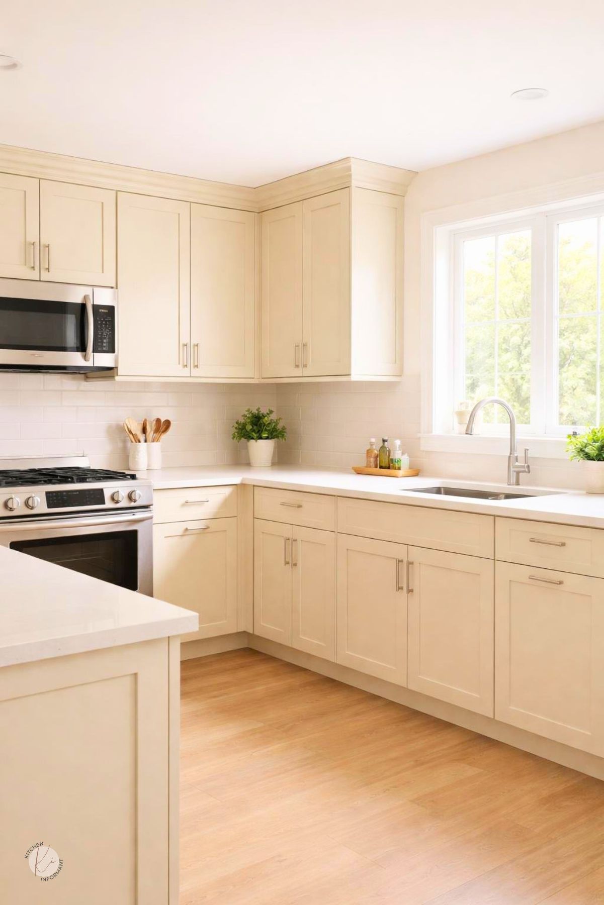 Bright creamy beige kitchen with light wood cabinets and a clean countertop, illuminated by natural light.