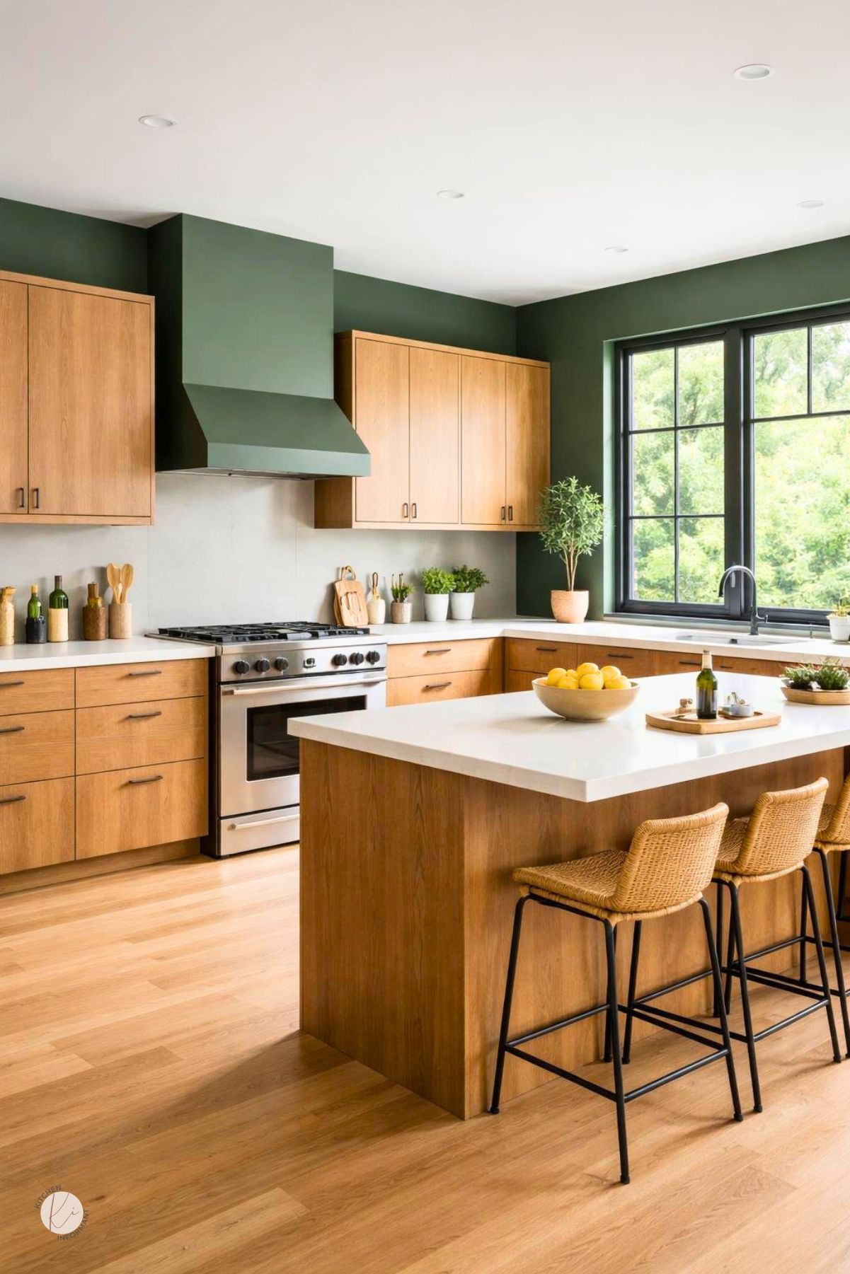 A modern kitchen with deep forest green walls and oak cabinets, featuring natural light and minimalistic decor.