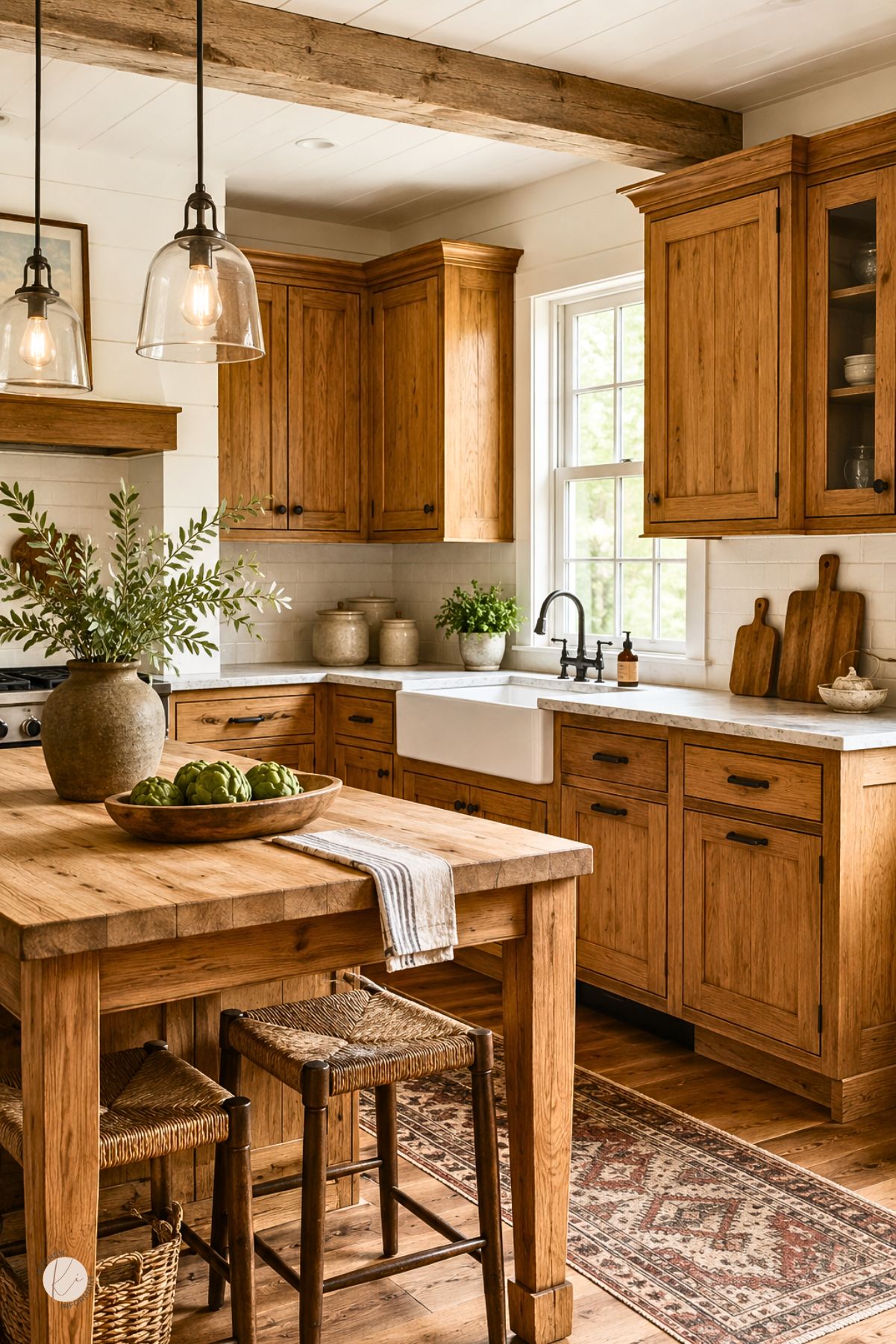 Farmhouse kitchen with honey oak cabinets, black hardware, white subway tile backsplash, farmhouse sink, exposed wood beam, glass pendant lights, butcher block island, woven stools, and a patterned runner rug.