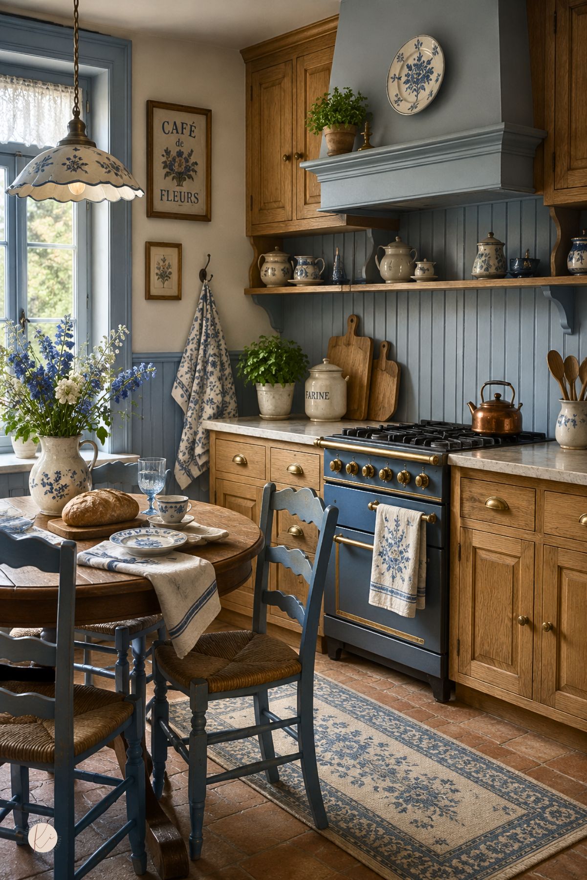 Blue French cottage kitchen with honey oak cabinets, blue beadboard backsplash, matching range hood, round dining table, blue rush-seat chairs, floral ceramics, lace curtains, and framed wall art reading “CAFÉ de FLEURS.”
