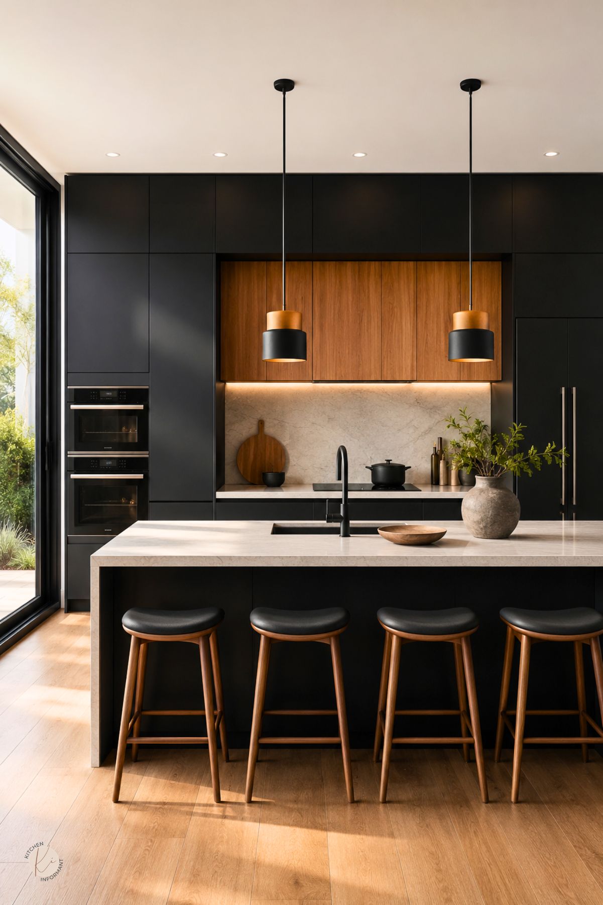 Black contemporary kitchen with warm wood accents, flat-panel cabinets, wood upper cabinetry, marble backsplash, large island, black faucet, pendant lights, wood bar stools, double wall ovens, and sliding glass doors.