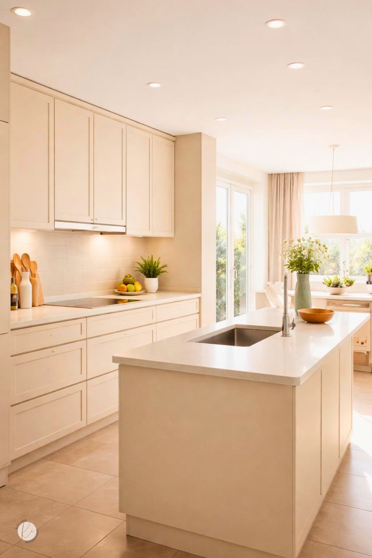 A bright kitchen with creamy beige cabinets, natural sunlight coming through windows, and a clean countertop with kitchen accessories.