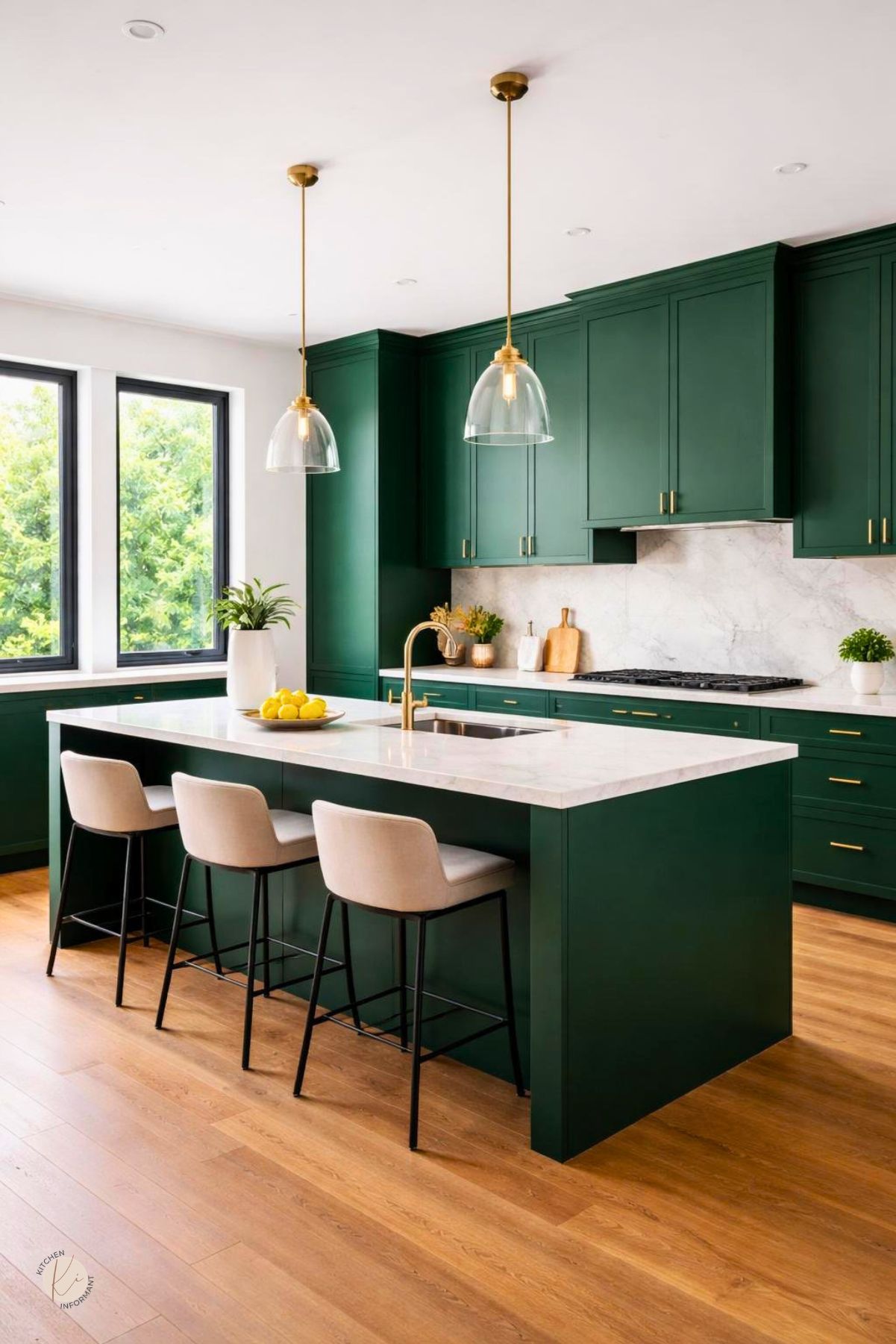 A modern kitchen with deep green cabinets, marble countertops, wooden flooring, and natural light coming through large windows.