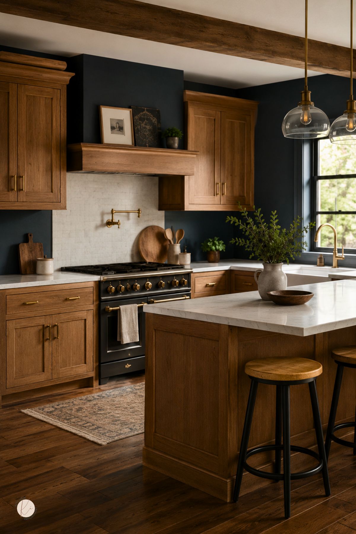 Moody blue kitchen with oak cabinets, white marble countertops, brass hardware, glass pendant lights, a wood beam ceiling, black range, white tile backsplash, large island, and warm wood flooring.