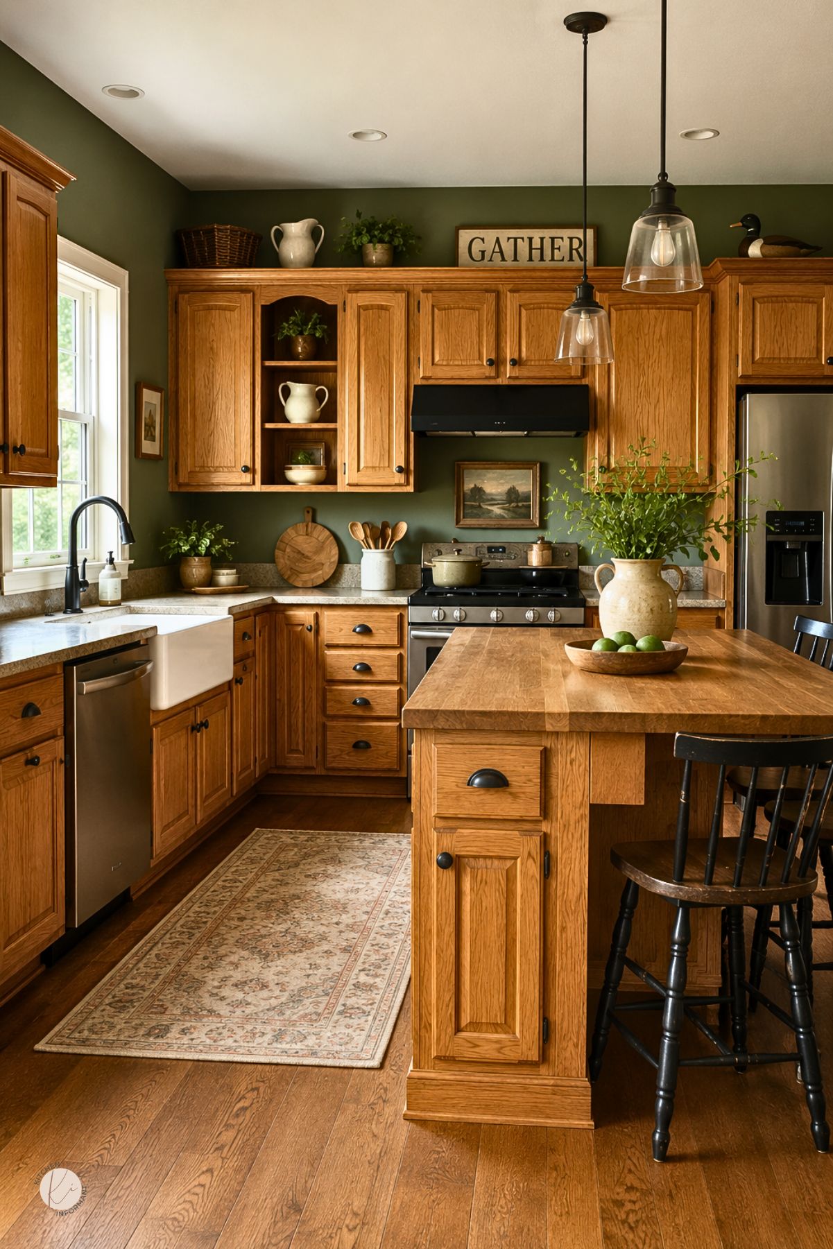 Kitchen with honey oak cabinets, olive green walls, black hardware, farmhouse sink, butcher block island, glass pendant lights, black chairs, patterned runner rug, and decor sign reading “GATHER.”