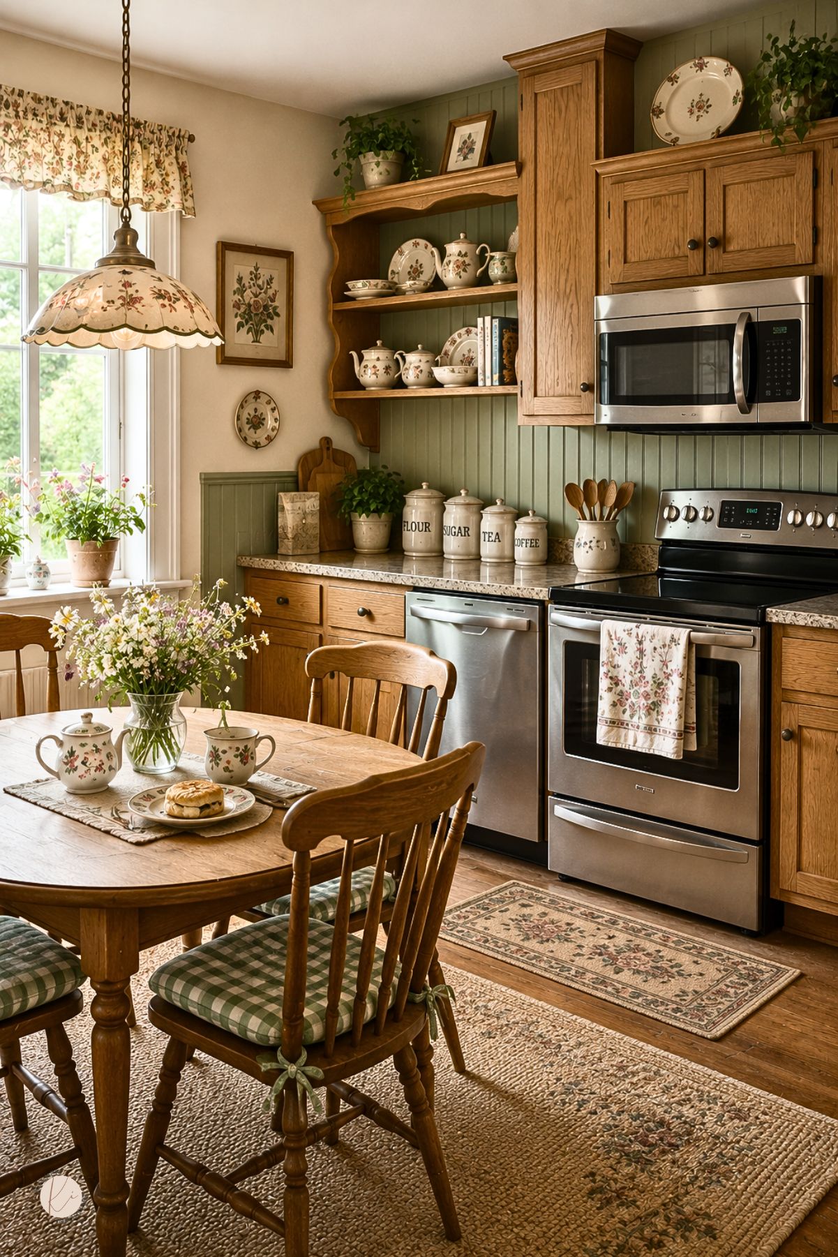 English cottage kitchen with honey oak cabinets, sage green beadboard backsplash, open plate shelves, floral curtains, vintage-style pendant light, farmhouse dining table, gingham chair cushions, and canisters labeled “FLOUR,” “SUGAR,” “TEA,” and “COFFEE.”