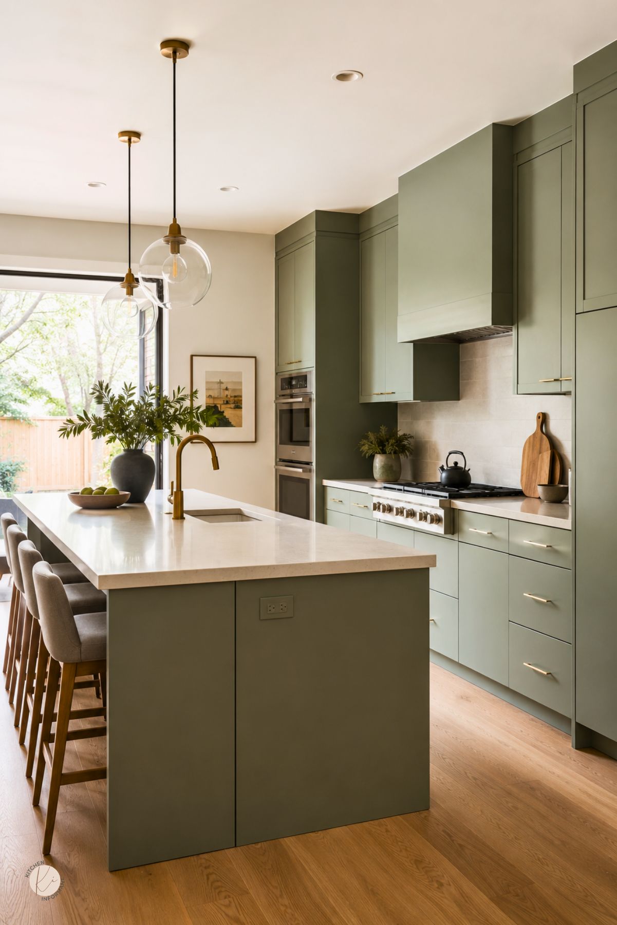 Contemporary sage green kitchen with wood floors, flat-panel cabinets, white countertops, brass hardware, globe pendant lights, large island with seating, built-in ovens, range hood, greenery, and a bright window wall.