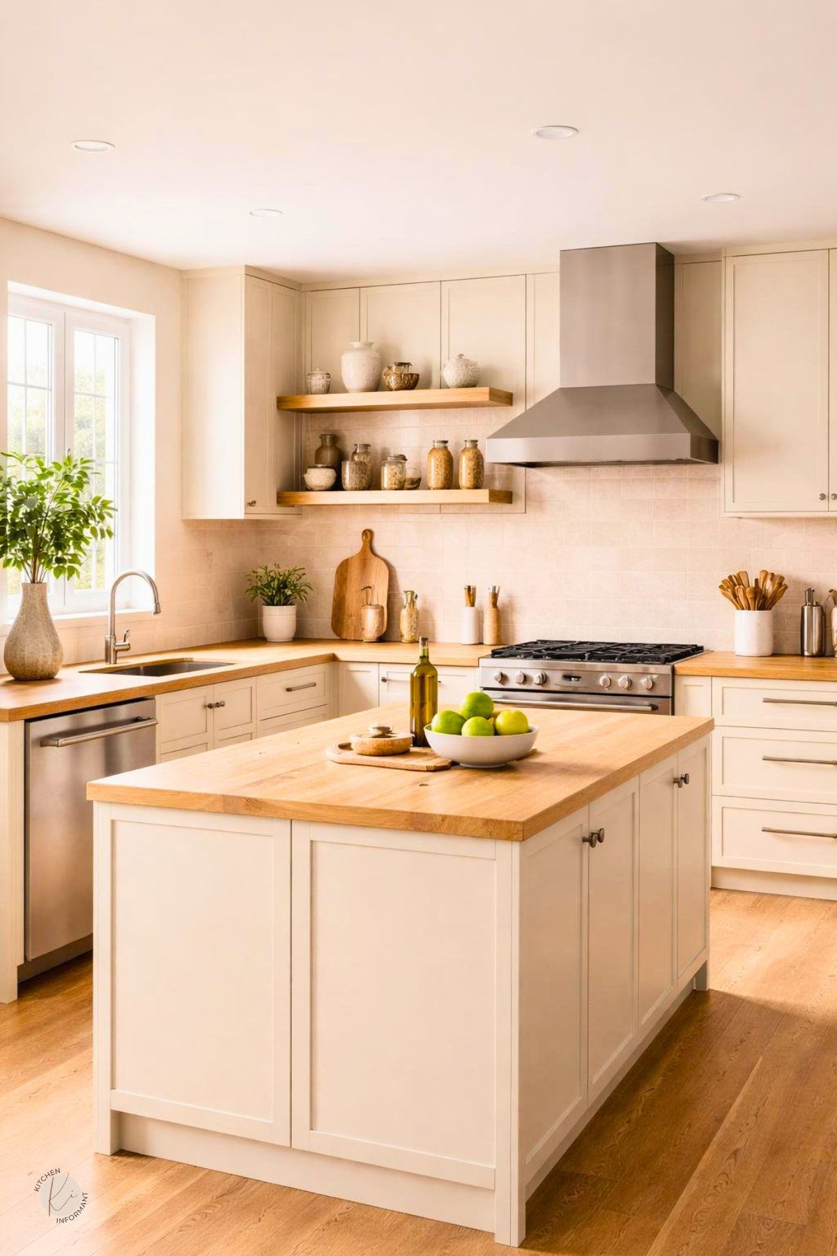 A bright kitchen with creamy beige cabinets, wooden countertops, stainless steel appliances, and natural light coming through large windows.