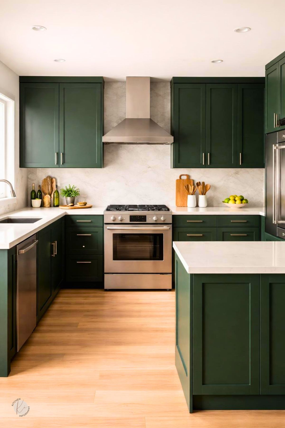 A modern kitchen with deep forest green cabinets, light countertops, stainless steel appliances, and hardwood flooring.