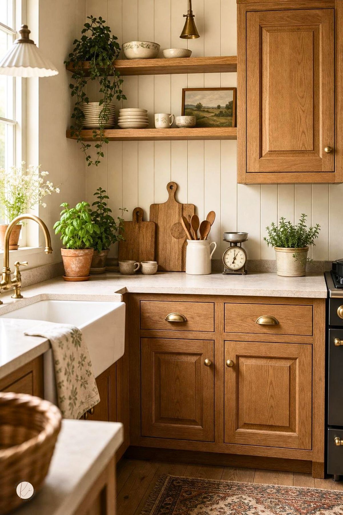 Cottage kitchen with honey oak cabinets, cream beadboard backsplash, open wood shelves, farmhouse sink, brass faucet, potted herbs, wooden cutting boards, vintage kitchen scale, and warm natural light.