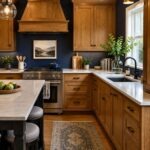 Kitchen with honey oak cabinets, navy blue walls, black hardware, white countertops, wood range hood, black island, glass pendant lights, brass wall sconce, black faucet, and patterned runner rug.