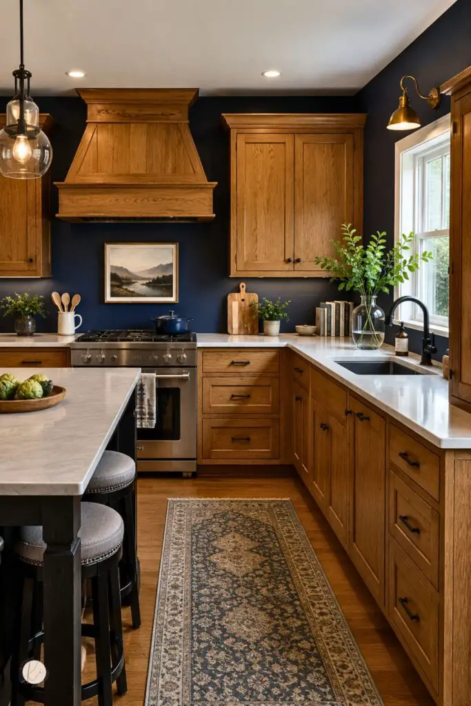 Kitchen with honey oak cabinets, navy blue walls, black hardware, white countertops, wood range hood, black island, glass pendant lights, brass wall sconce, black faucet, and patterned runner rug.