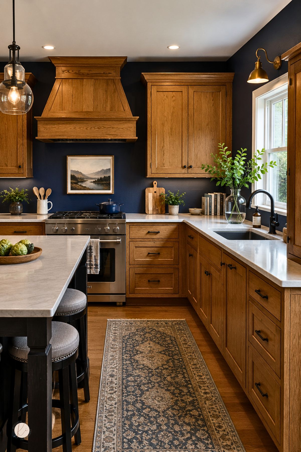 Kitchen with honey oak cabinets, navy blue walls, black hardware, white countertops, wood range hood, black island, glass pendant lights, brass wall sconce, black faucet, and patterned runner rug.