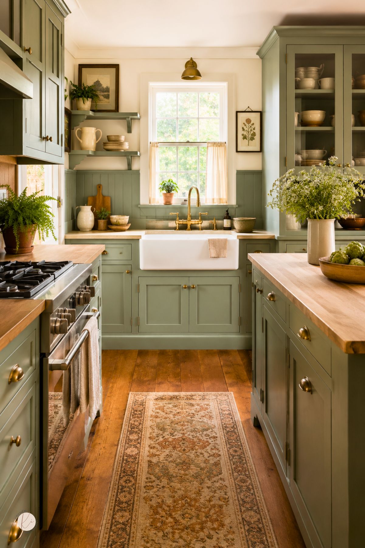 Cottage sage green kitchen with wood floors, butcher block countertops, brass hardware, farmhouse sink, glass-front cabinet, open shelves, vintage-style runner rug, potted plants, flowers, and warm window light.