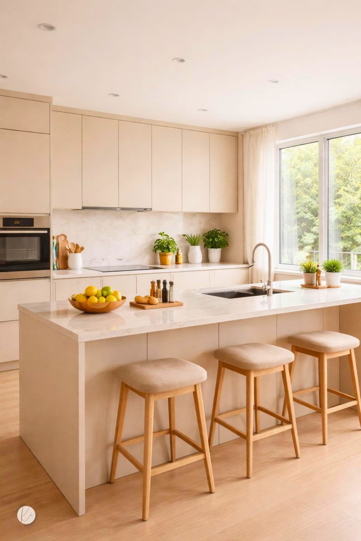 A bright kitchen with creamy beige cabinets, a large island, and natural light coming through windows.