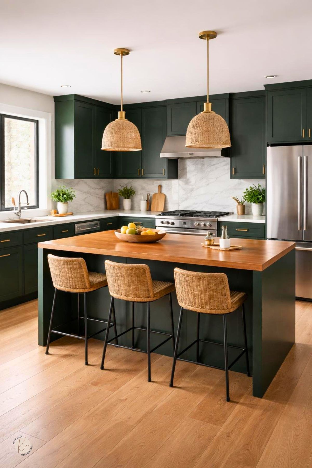 A modern kitchen with deep forest green cabinets, wooden countertops, white marble backsplash, brass fixtures, and stainless steel appliances.