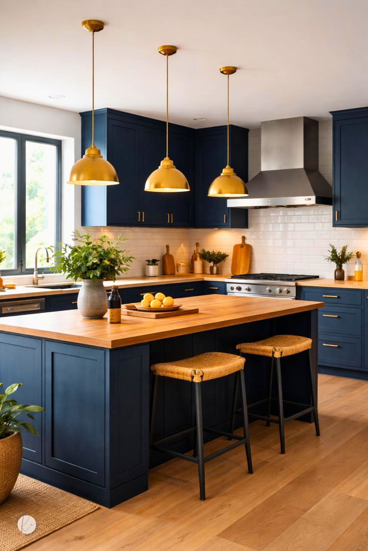 Moody blue kitchen with navy cabinets, a wood countertop island, brass pendant lights, brass hardware, white subway tile backsplash, stainless range hood, woven bar stools, and light wood flooring.
