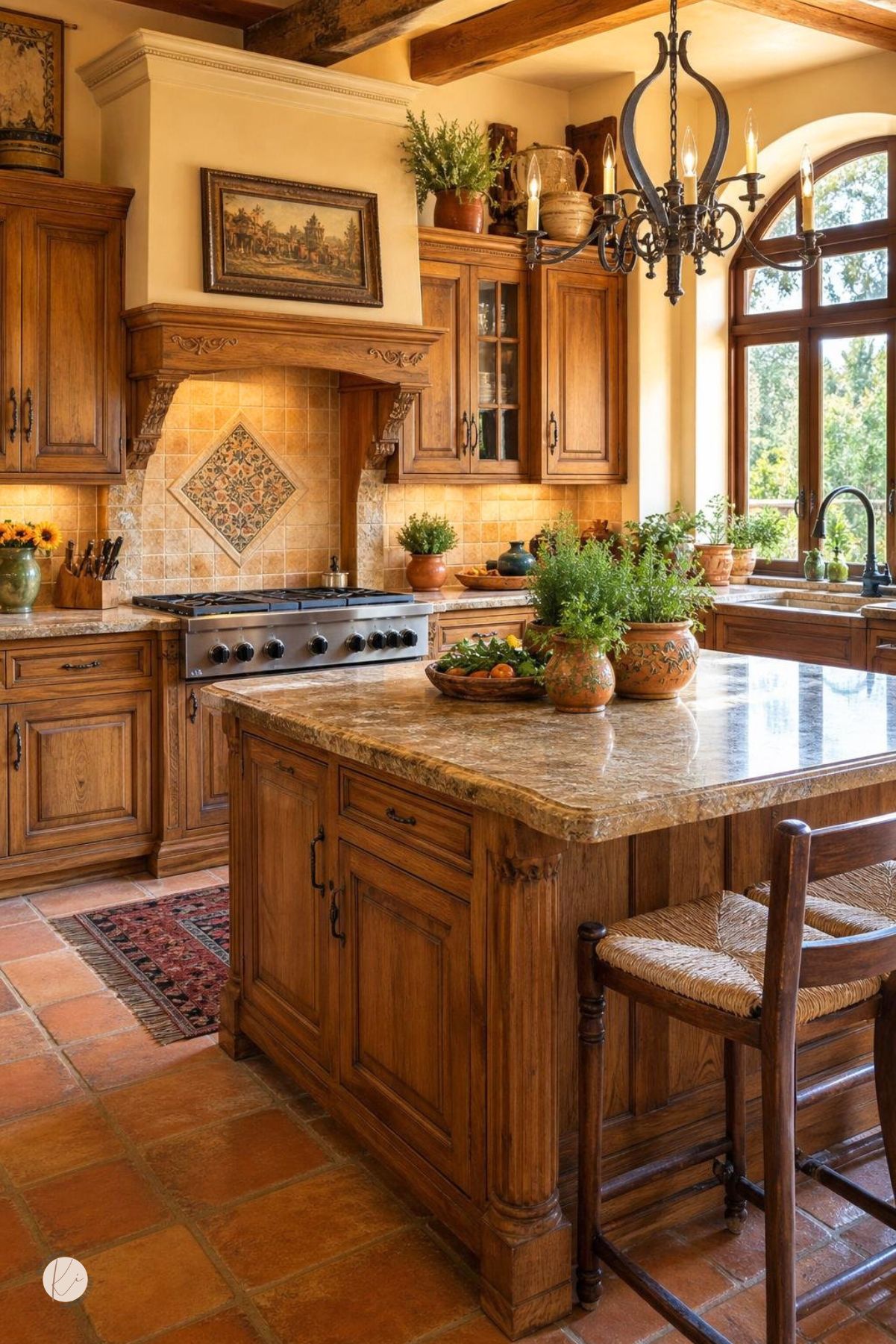 Mediterranean kitchen with honey oak cabinets, carved wood range hood, tan tile backsplash, decorative accent tile, stone countertop island, black chandelier, arched window, terracotta floor tiles, and woven chair.
