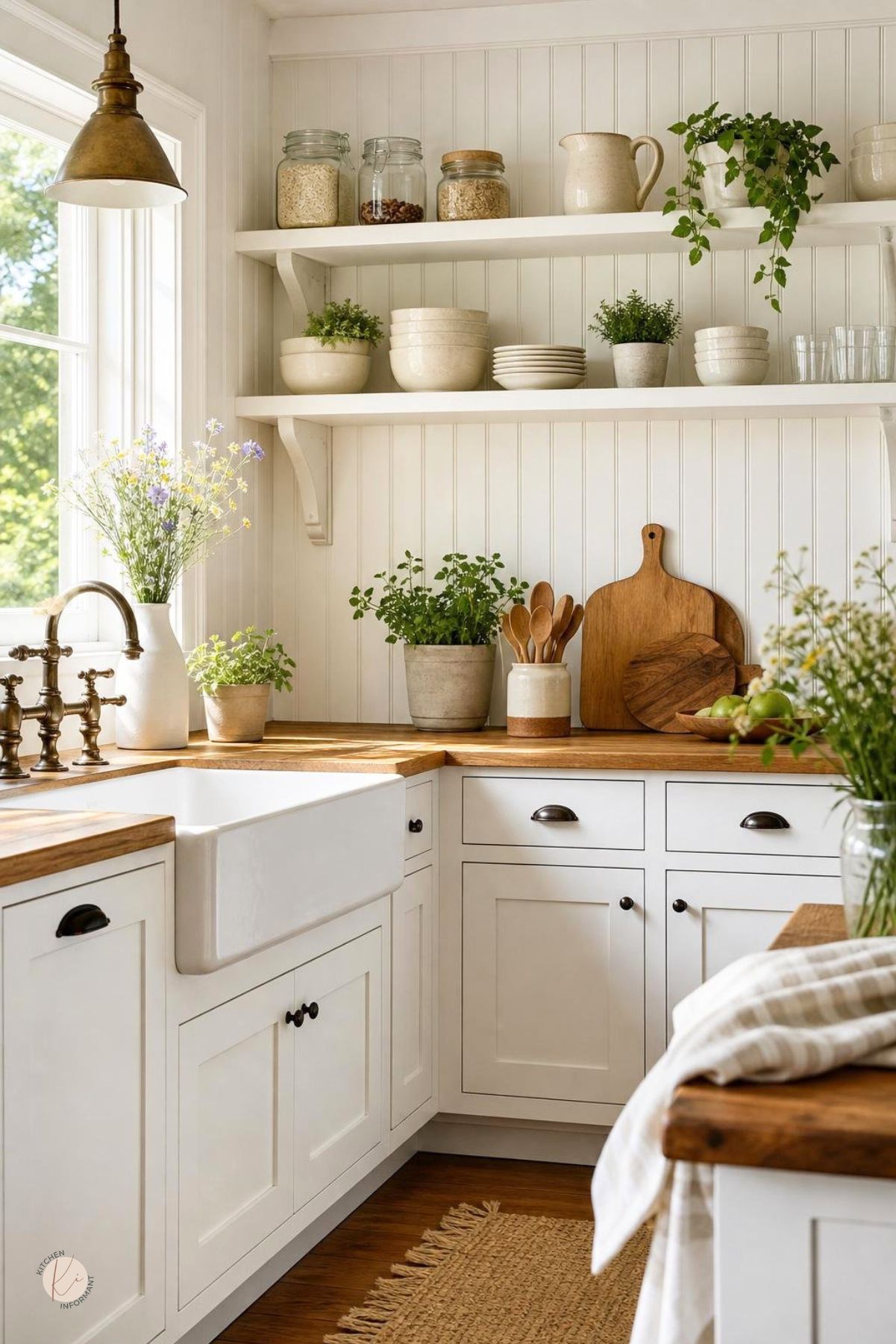 A bright kitchen with white cabinets, beadboard backsplash, wooden countertops, and natural light coming through a window.