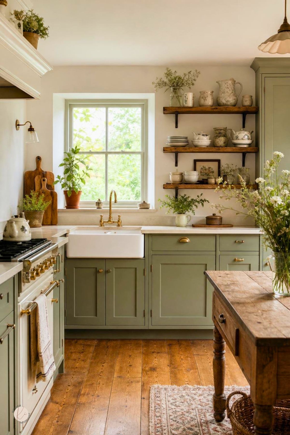 Rustic cottage sage green kitchen with wood floors, farmhouse sink, brass faucet and hardware, cream range, open wood shelves with dishes, potted herbs, wood island, floral rug, and soft natural window light.