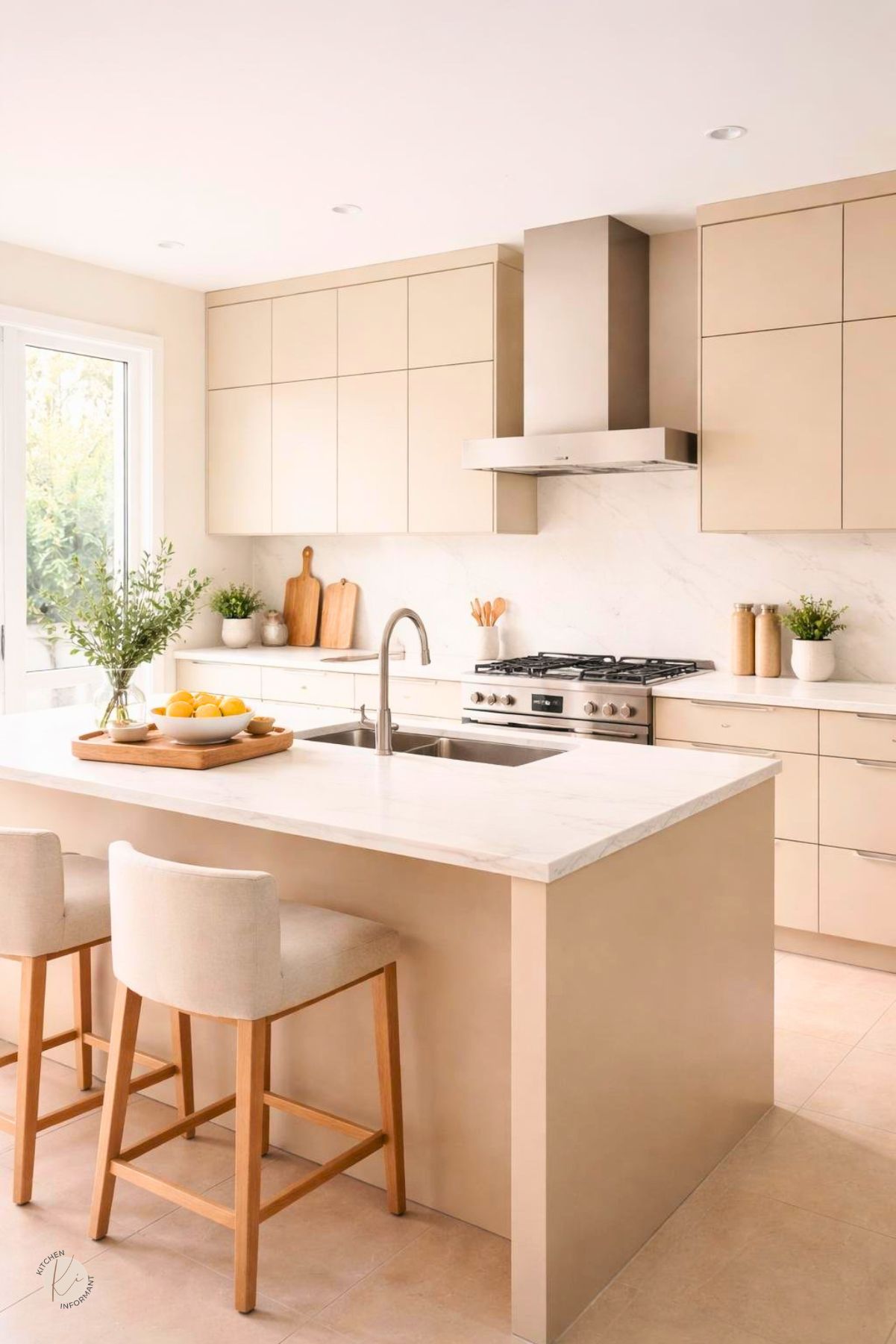 A bright and clean kitchen with beige cabinets, a marble island, and stainless steel appliances.
