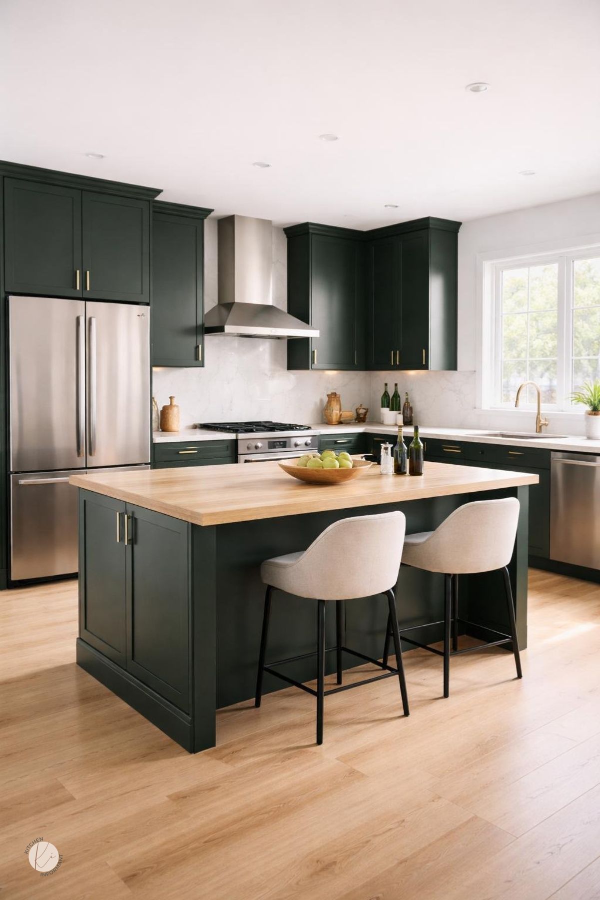 A modern kitchen with deep forest green cabinets, light countertops, stainless steel appliances, and a wooden island under natural light.