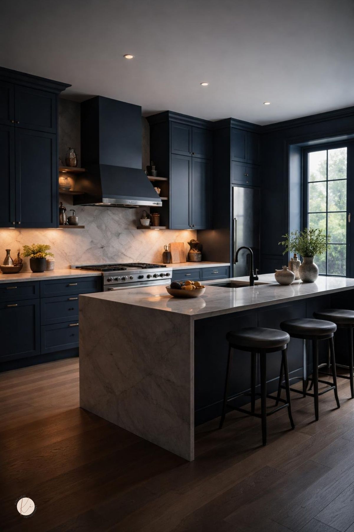 Moody blue kitchen with dark blue cabinets, marble countertops and backsplash, a waterfall island, black bar stools, black faucet, stainless range hood, warm under-cabinet lighting, and dark wood flooring.