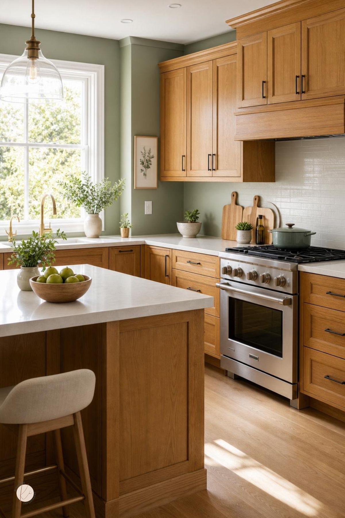 Bright kitchen with honey oak cabinets, soft sage green walls, white subway tile backsplash, white countertops, black hardware, stainless steel range, glass pendant light, large window, and a wood island with a bowl of green apples.