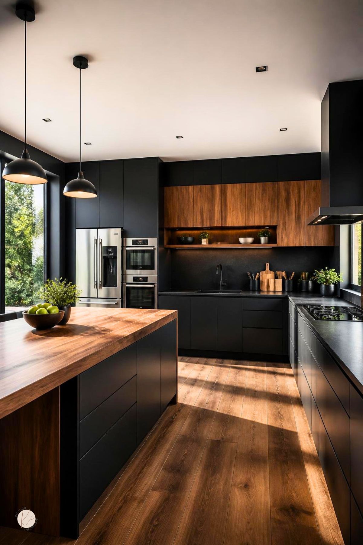 Black contemporary kitchen with warm wood accents, matte flat-panel cabinets, wood upper cabinets, wood island countertop, black backsplash, pendant lights, stainless steel appliances, large windows, black countertops, and warm wood flooring.