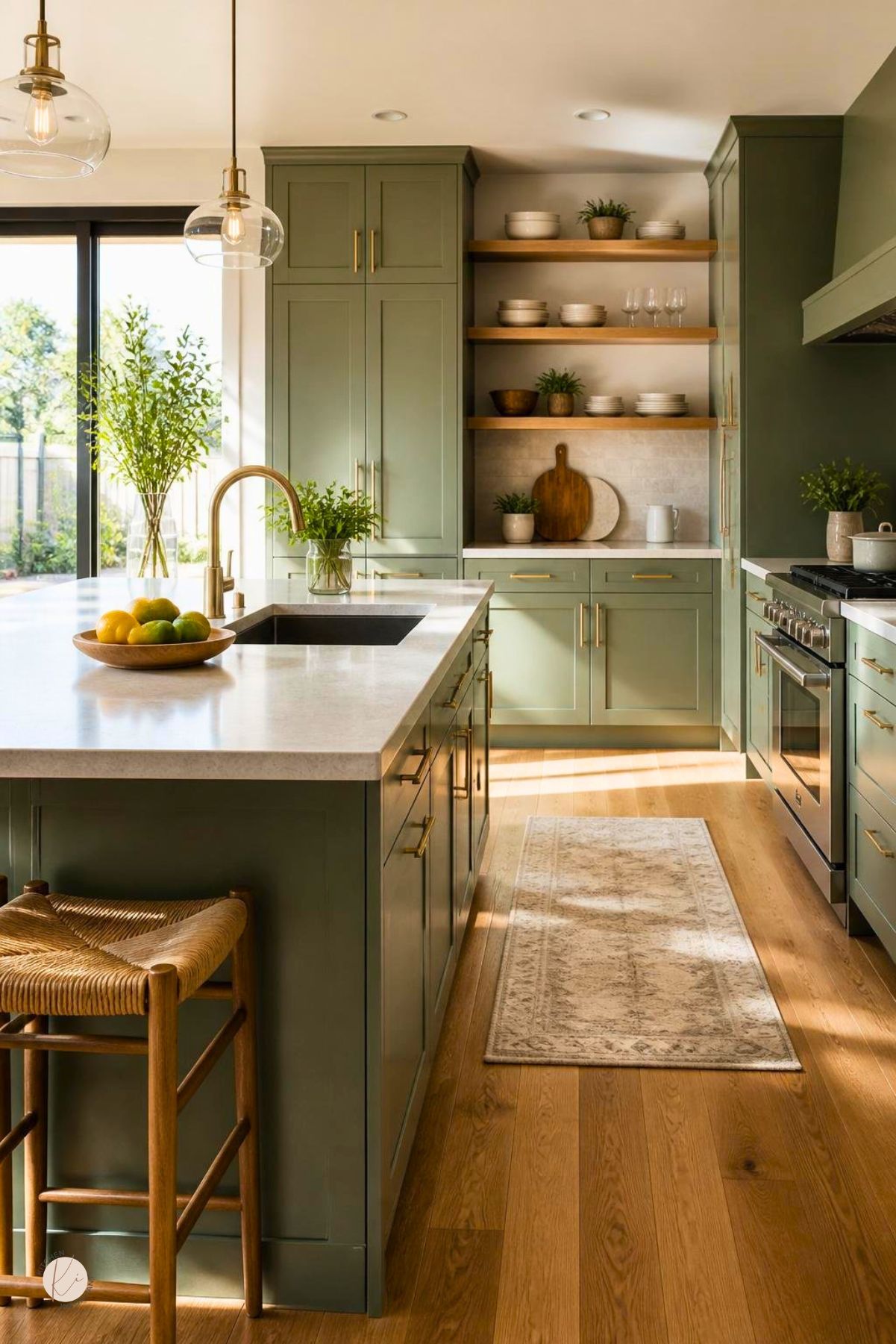 Sage green kitchen with wood floors, white countertops, brass hardware, glass pendant lights, large island with sink, woven stool, open wood shelves, stainless range, greenery, fruit bowl, and soft sunlight.