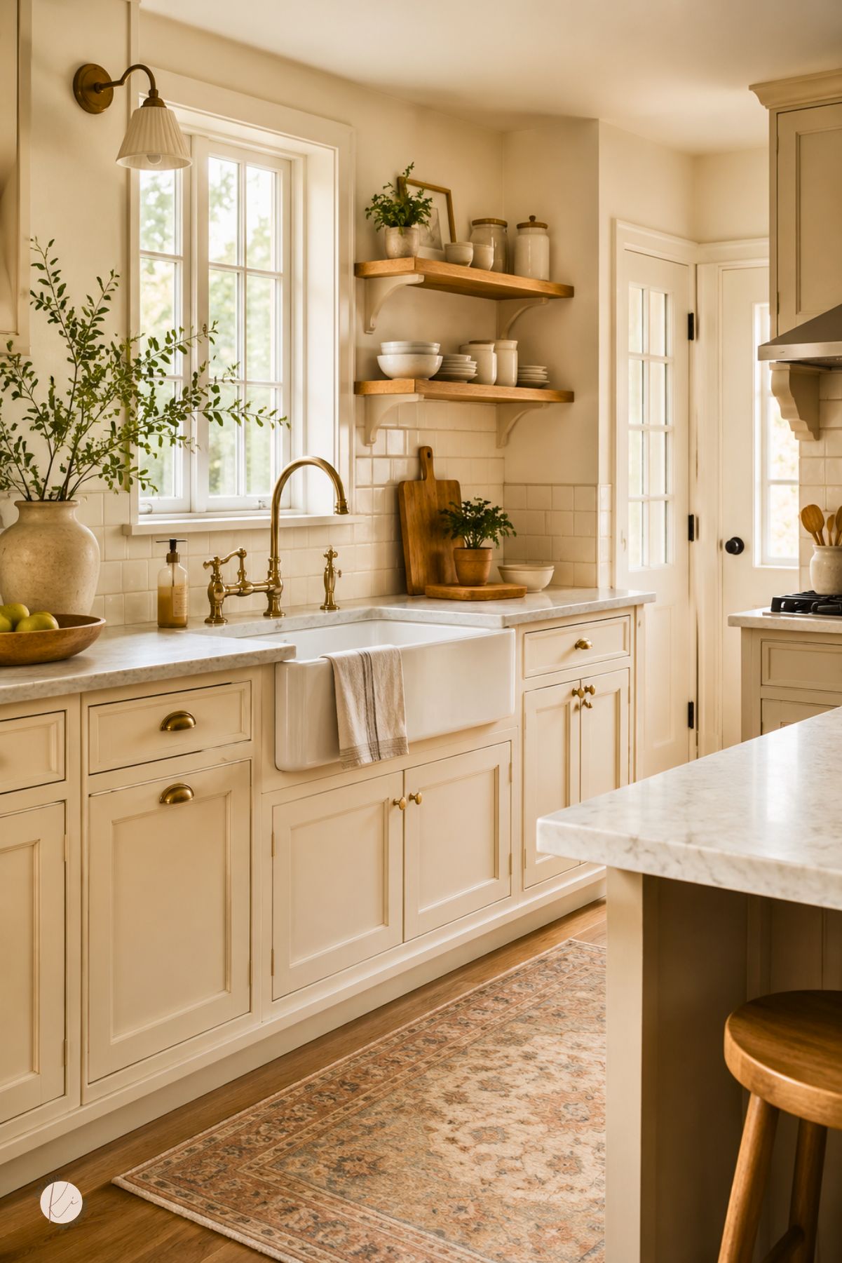 Creamy beige cottage kitchen with brass hardware, a farmhouse sink, marble countertops, open wood shelves, warm wood floors, a patterned runner, and soft natural light from tall windows.