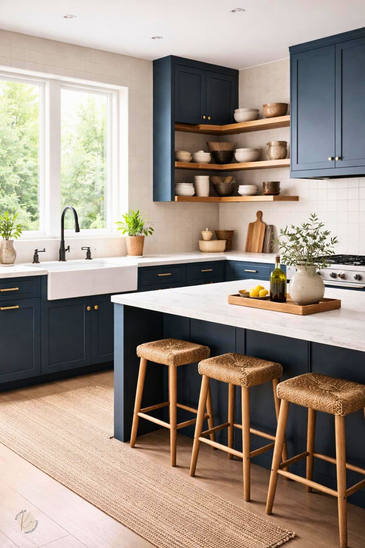 Moody blue kitchen with dark blue cabinets, white countertops, open wood shelves, brass hardware, farmhouse sink, black faucet, woven bar stools, light wood flooring, and a natural jute runner.