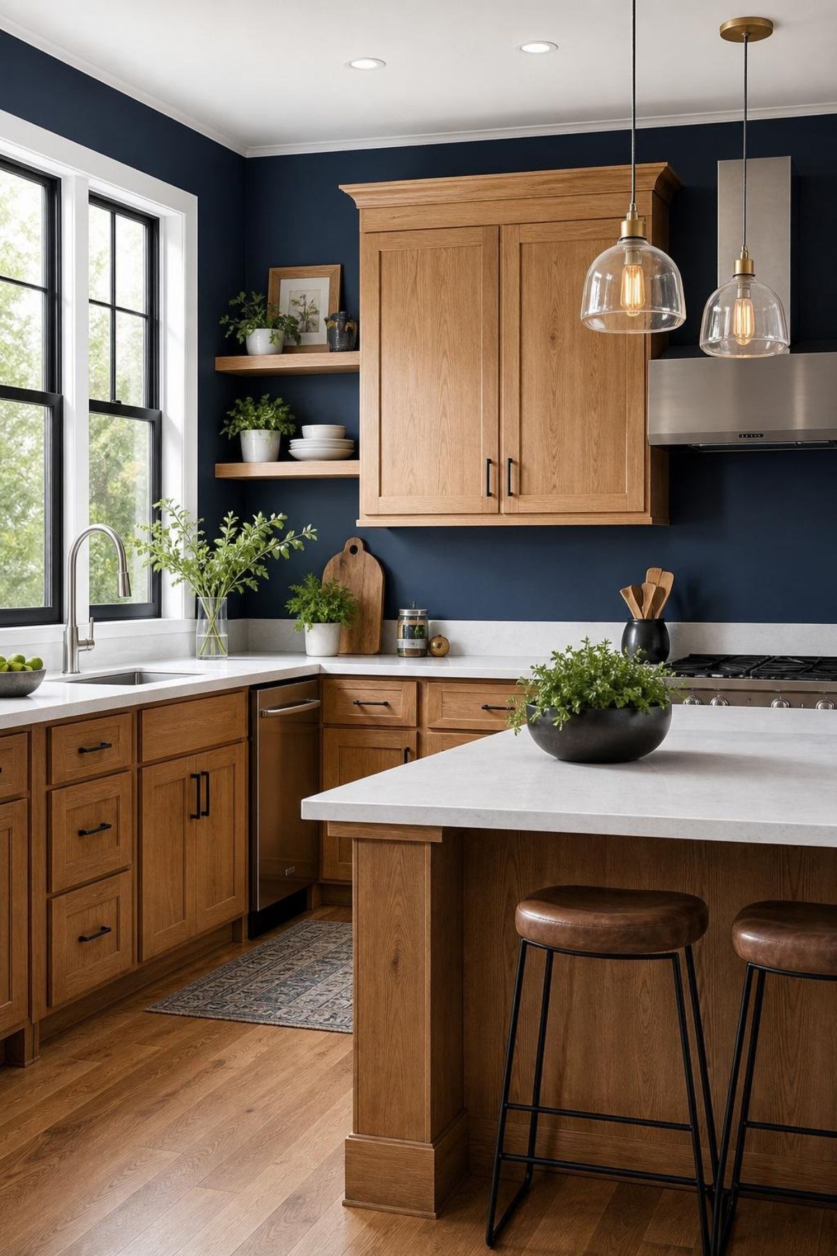 Modern kitchen with honey oak cabinets, navy blue walls, white countertops, black hardware, open wood shelves, glass pendant lights, stainless steel range hood, black framed windows, and leather counter stools.