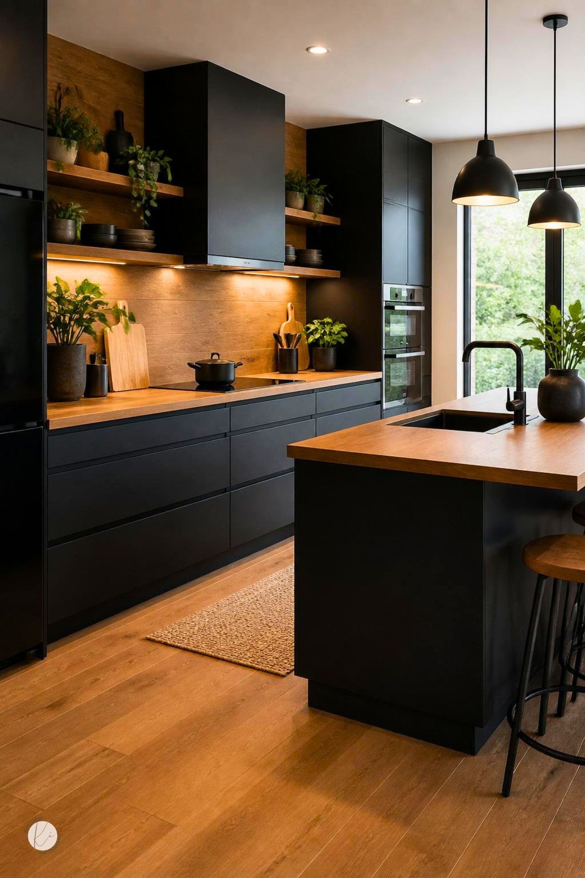 Black modern kitchen with warm wood accents, flat-panel cabinets, wood backsplash, open shelves, under-cabinet lighting, black range hood, wood island countertop, pendant lights, black faucet, plants, and warm wood flooring.