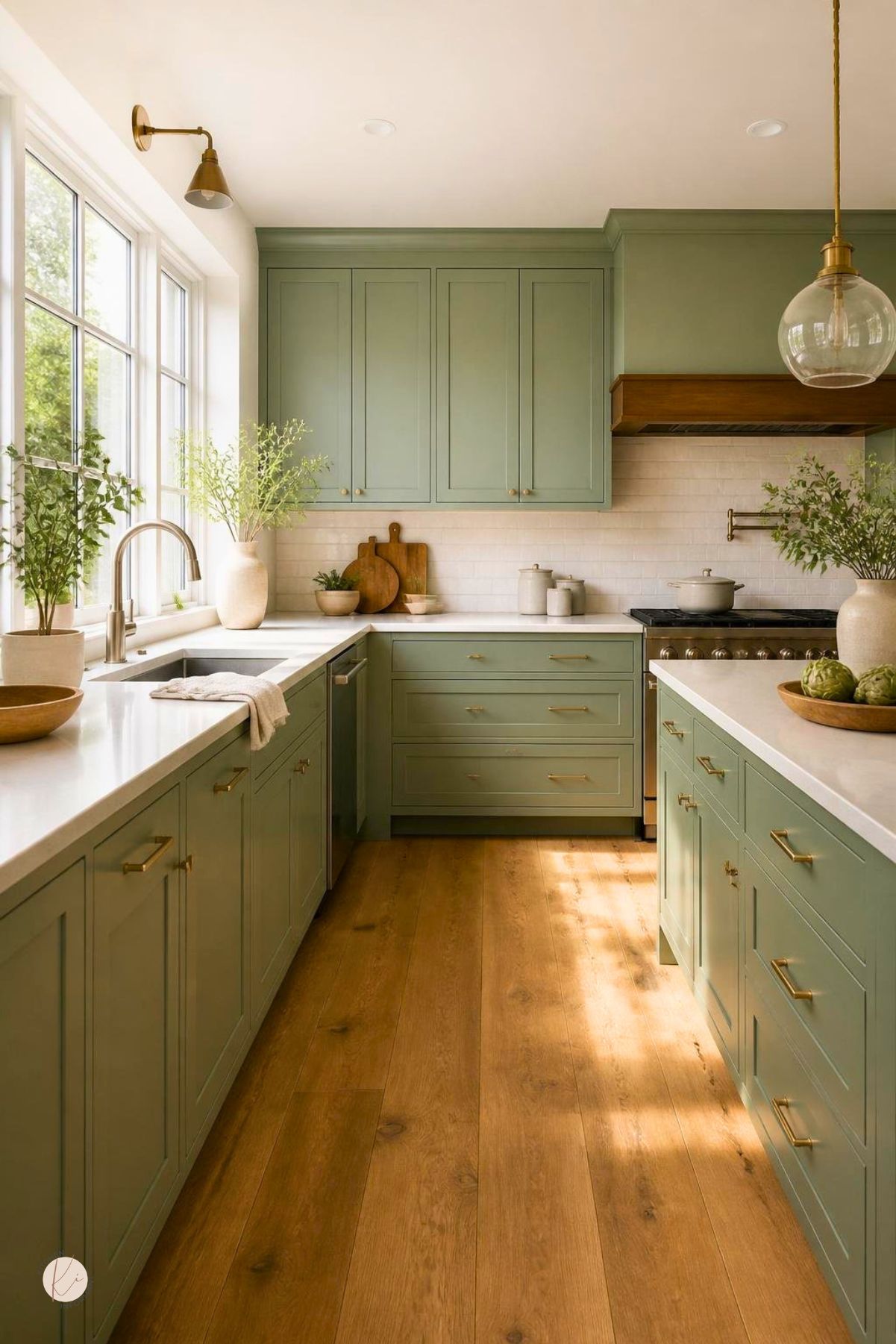 Sage green kitchen with wood floors, white countertops, brass hardware, white tile backsplash, large windows, globe pendant light, brass wall sconce, wood range hood, stainless range, potted plants, and warm sunlight.