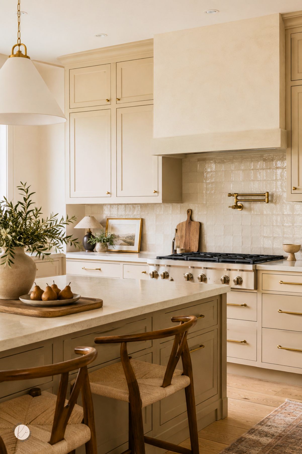 Creamy beige kitchen with shaker cabinets, brass hardware, a matching plaster range hood, glossy square tile backsplash, and a large island with woven wood stools. A vase of greenery, pears, framed art, and warm wood accents add cozy French country kitchen style.