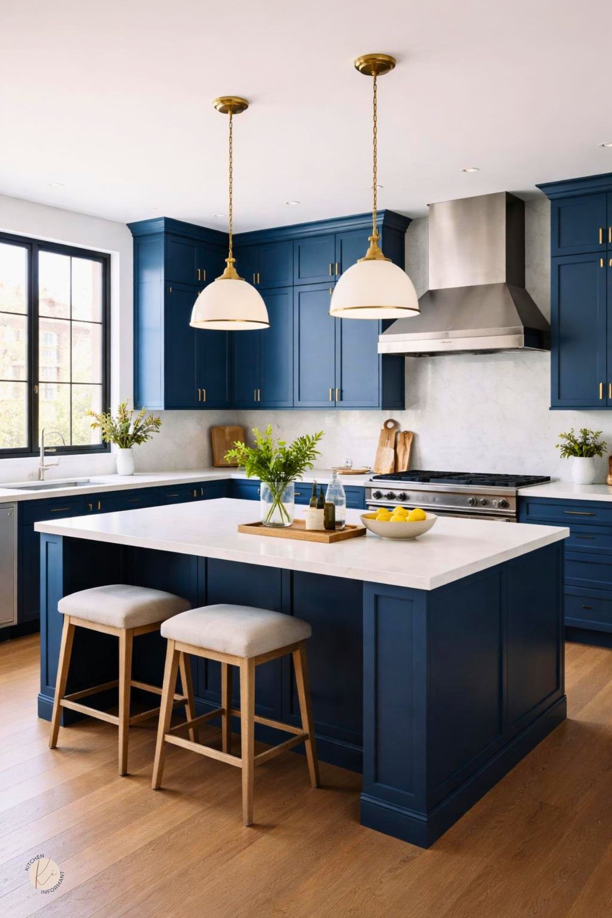 Moody blue kitchen with dark blue cabinets, white countertops, a large blue island, brass hardware, white pendant lights, stainless range hood, black-framed windows, upholstered stools, and warm wood flooring.
