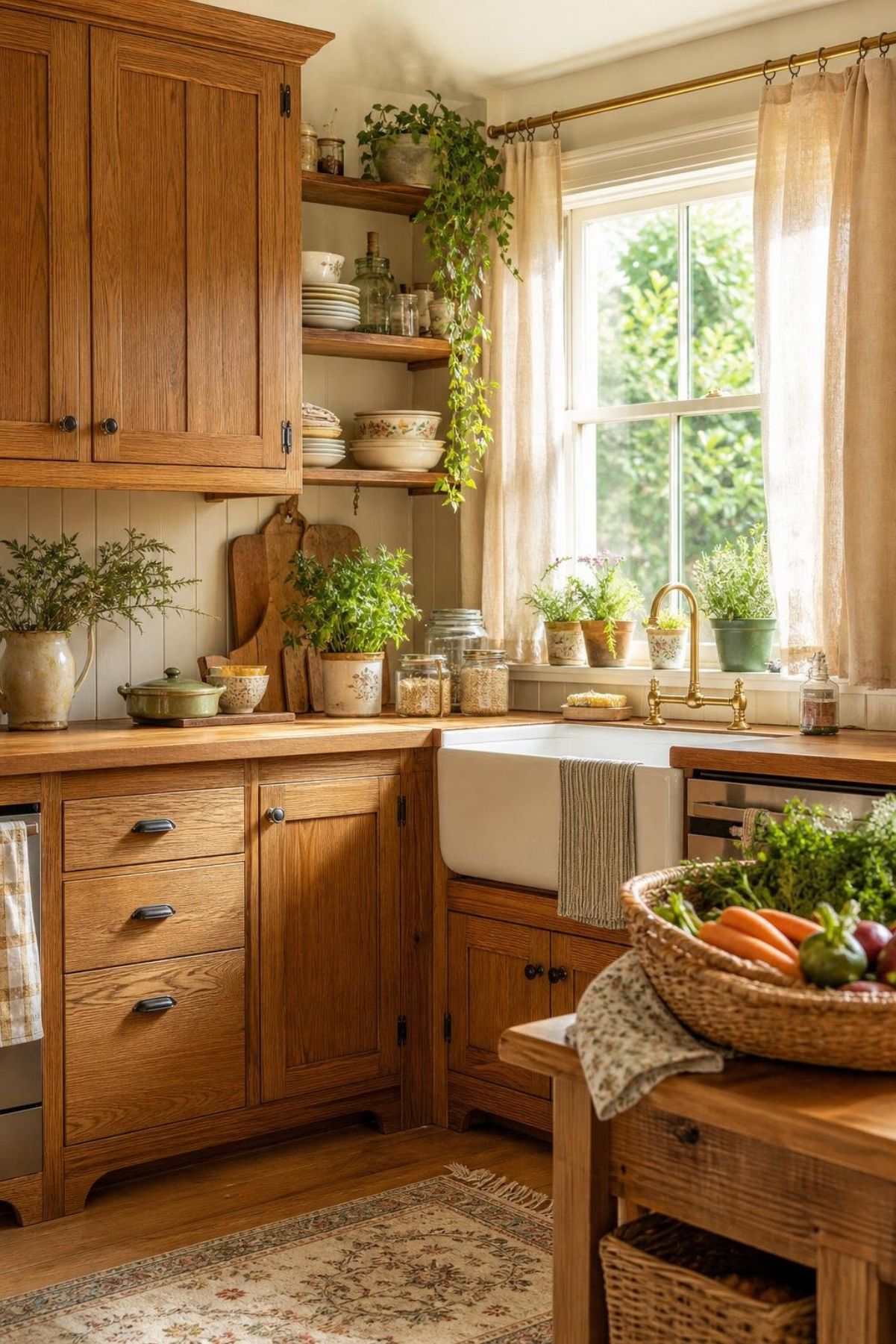 Cozy cottage kitchen with honey oak cabinets, butcher block countertops, farmhouse sink, brass faucet, open wood shelves, cream curtains, potted herbs, woven baskets, patterned rug, and a basket of fresh vegetables.