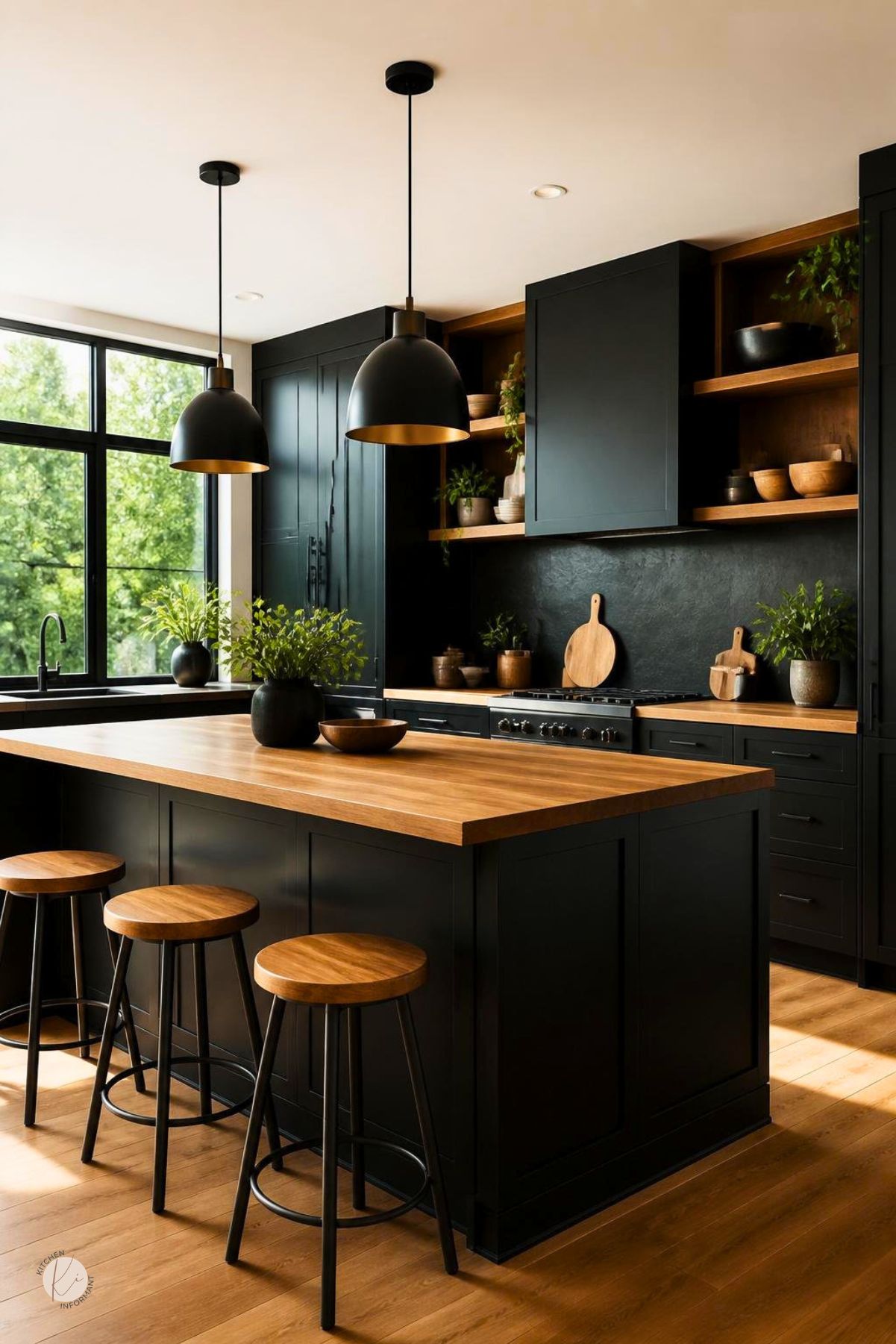 Black kitchen with warm wood accents, shaker cabinets, wood countertops, open wood shelving, large wood island, black dome pendant lights, black backsplash, wood stools, wide windows, plants, and warm wood flooring.