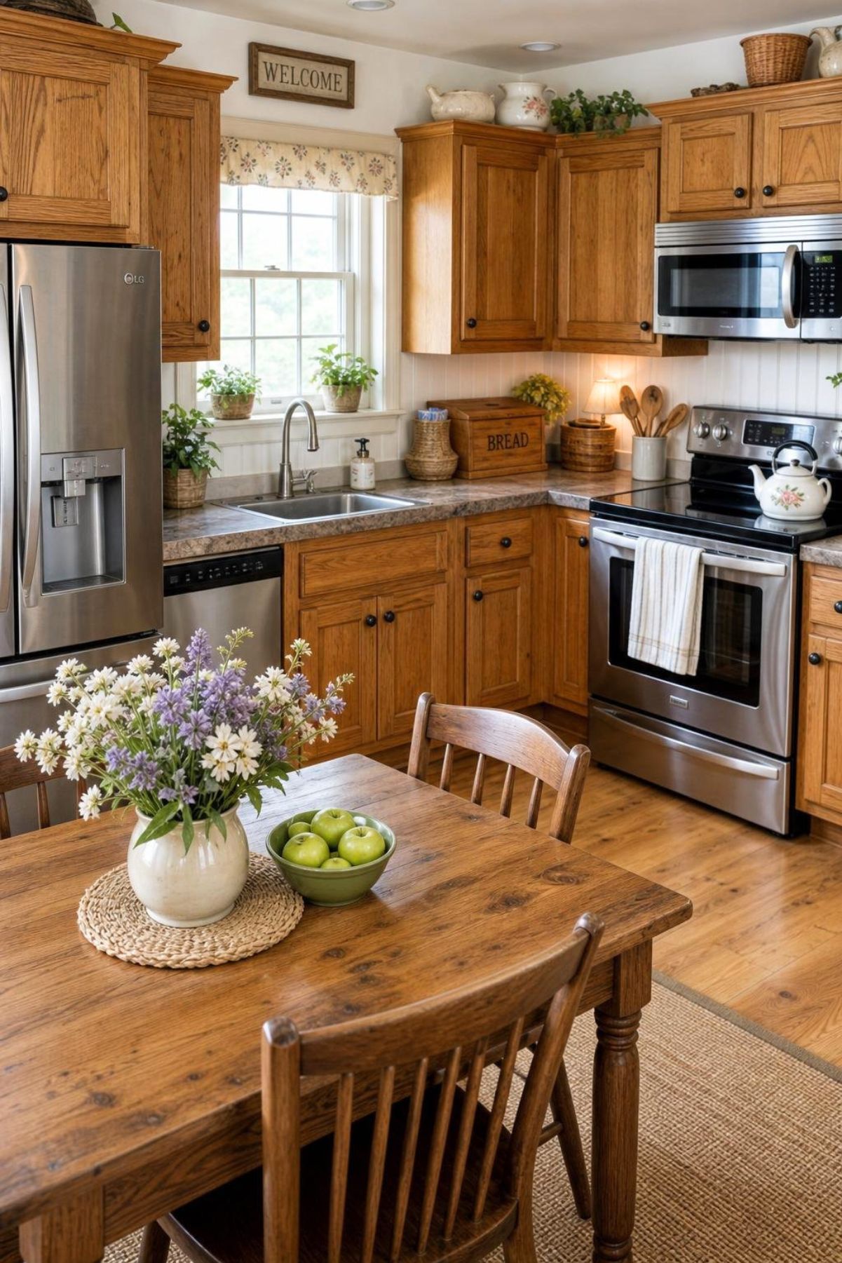 Cozy cottage kitchen with honey oak cabinets, white beadboard backsplash, stainless steel appliances, and a farmhouse table with flowers and green apples. A window valance, potted herbs, woven baskets, and signs reading “WELCOME” and “BREAD” add warm country kitchen charm.