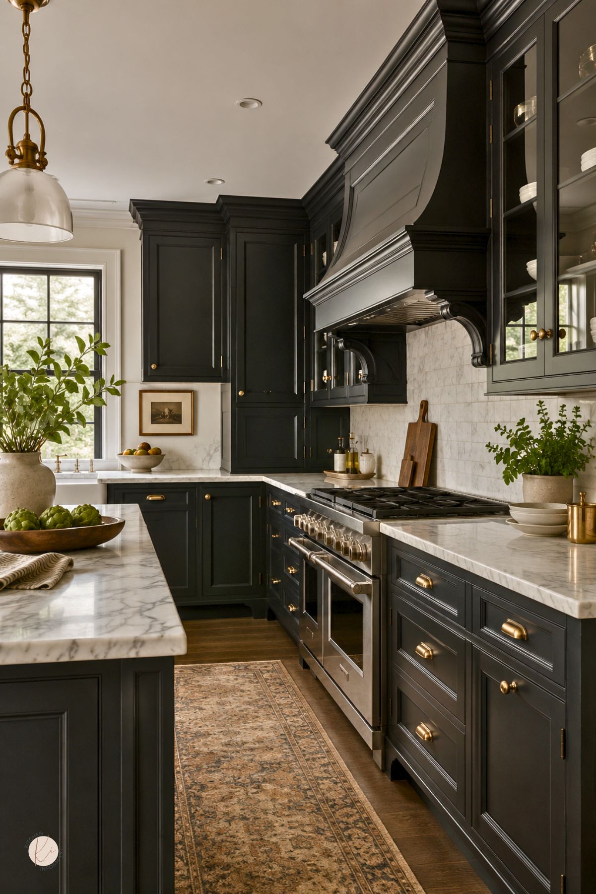 Traditional black kitchen cabinets with glass-front uppers, brass hardware, white marble countertops, and a marble backsplash. A large black range hood, stainless steel range, patterned runner rug, pendant light, wood floors, and potted greenery create a warm luxury kitchen design.