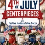A festive 4th of July table setup featuring a centerpiece tray with three Ball mason jars painted red, white, and blue, each filled with red, white, and blue flowers and small American flags. Decorative wooden stars painted in patriotic colors sit in front, surrounded by lit candles in matching red, white, and blue jars. A striped star-themed table runner, woven placemats, and blue glassware complete the patriotic holiday decor. Text overlay reads: "Best 4th of July Centerpieces for Festive Holiday Table Decor."
