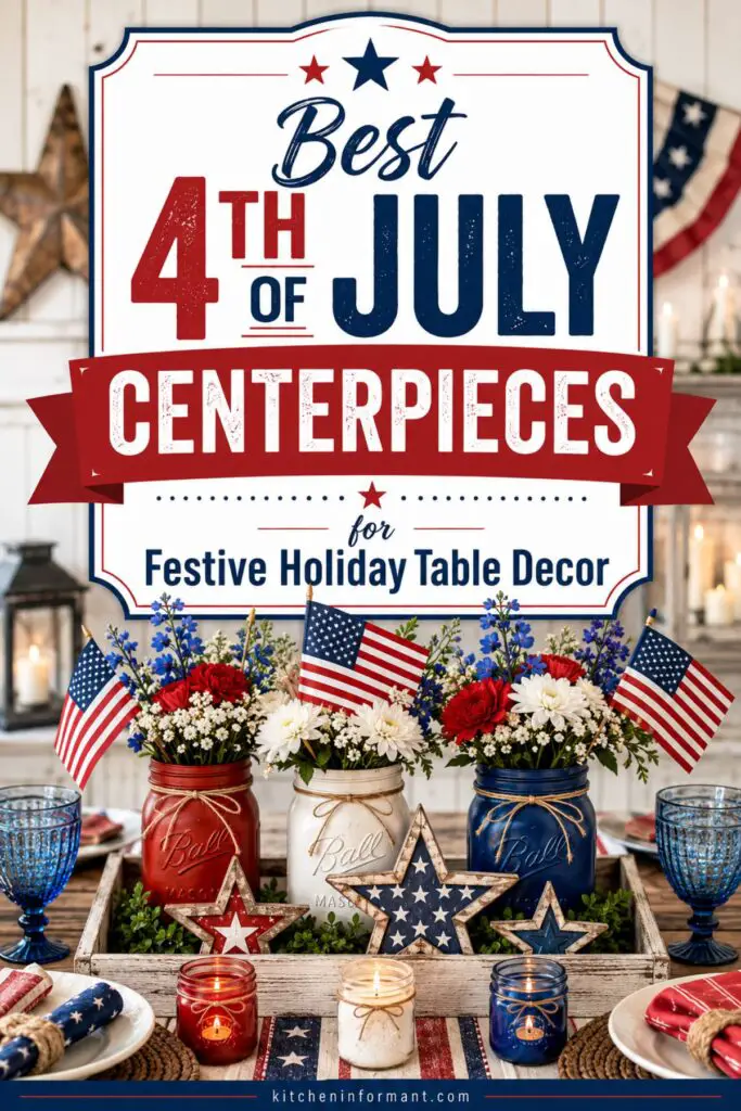 A festive 4th of July table setup featuring a centerpiece tray with three Ball mason jars painted red, white, and blue, each filled with red, white, and blue flowers and small American flags. Decorative wooden stars painted in patriotic colors sit in front, surrounded by lit candles in matching red, white, and blue jars. A striped star-themed table runner, woven placemats, and blue glassware complete the patriotic holiday decor. Text overlay reads: "Best 4th of July Centerpieces for Festive Holiday Table Decor."