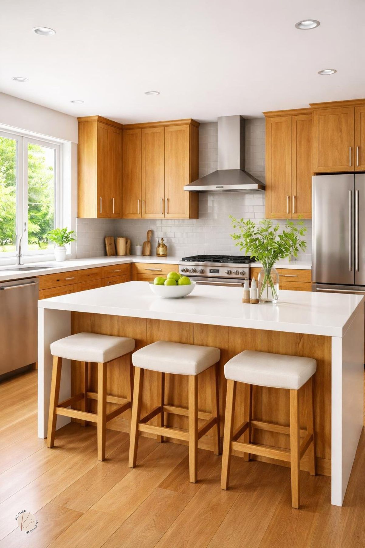 A bright kitchen with honey oak cabinets, white countertops, stainless steel hardware, and a light gray tile backsplash.